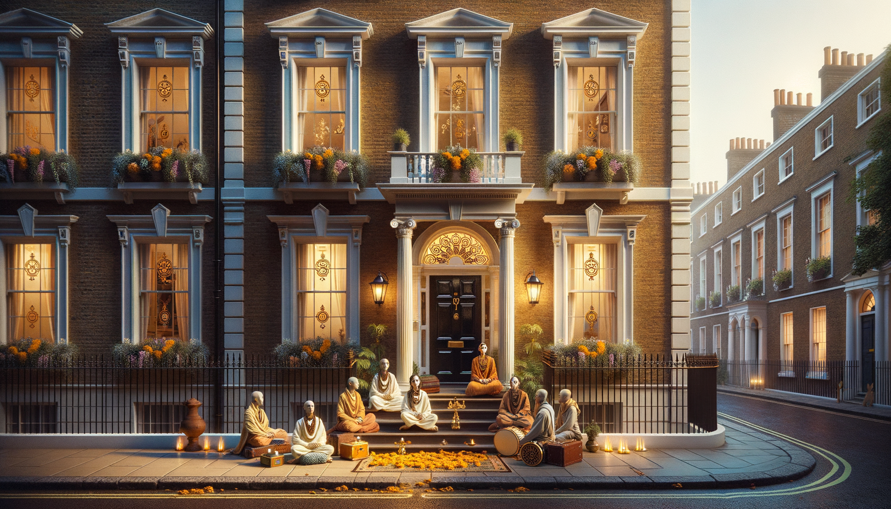 Evening outside a Georgian townhouse on a London street: a group in simple robes sit on the steps with drums and a harmonium, marigold petals and candles arranged for a calm, music-led ceremony.