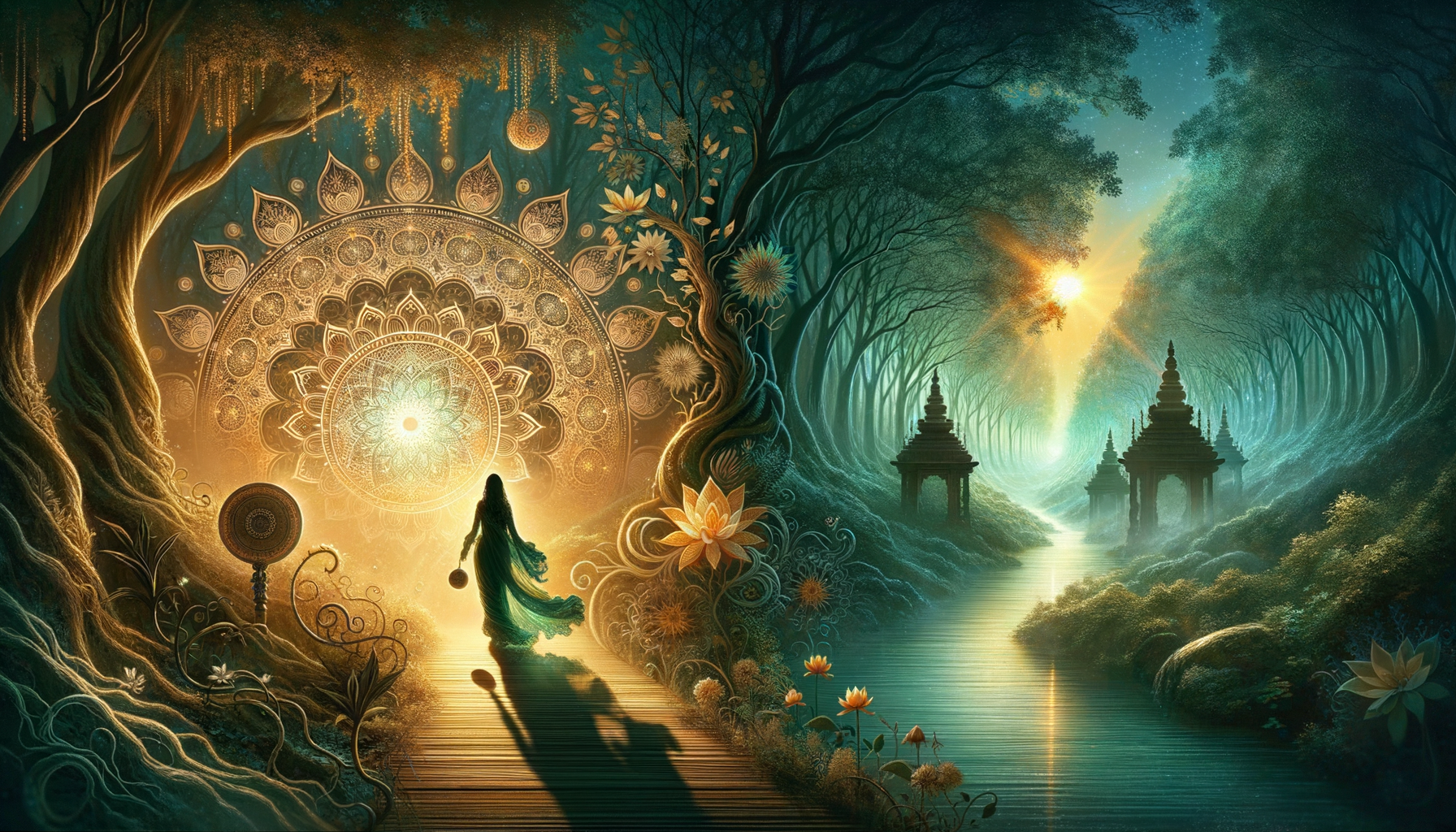Mystical forest illustration with a glowing mandala portal; a robed figure approaches the light as lotus flowers bloom nearby, riverside pagodas line a serene waterway, and sunrise rays suggest a tranquil, spiritual path.