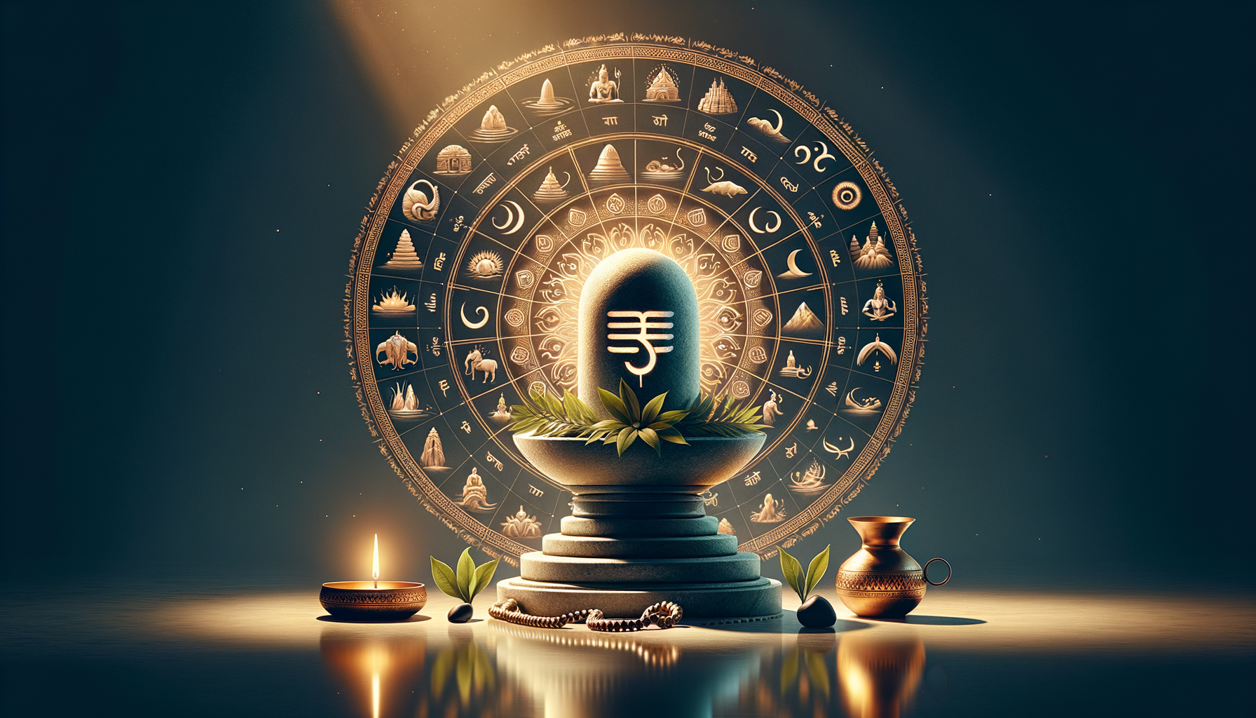 Stone Shiva lingam on a tiered pedestal with bilva leaves, a lit diya, rudraksha beads, and a copper kalash, set before a glowing circular Vedic zodiac mandala marked with Sanskrit symbols.