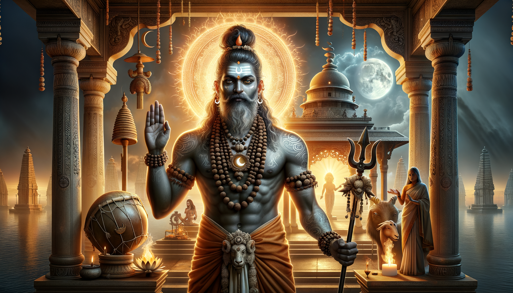 Depiction of Lord Shiva in a riverside temple, haloed in golden light, right hand raised in blessing; trident beside him, rudraksha beads, crescent mark, Nandi, oil lamps, and a full moon.
