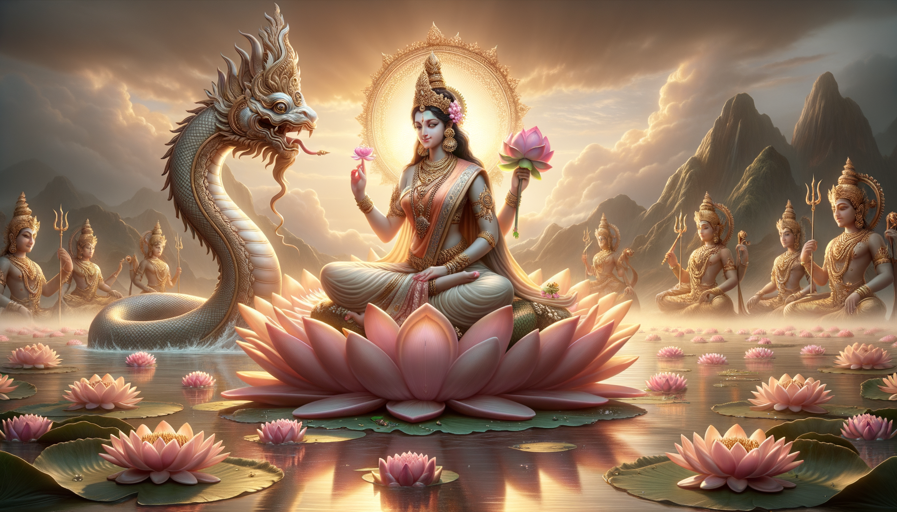 Illustrated Hindu goddess seated on a pink lotus in a calm lake, haloed and jeweled, holding lotus flowers beside a coiled naga serpent, with mountain backdrop and attendant deities.