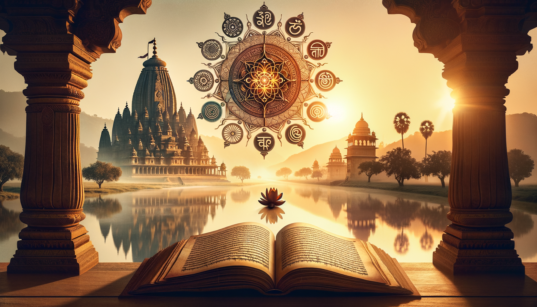 Golden sunrise over an Indian temple complex, framed by carved pillars, with an open Sanskrit scripture in the foreground, a floating lotus on the river, and a mandala of sacred symbols overhead.