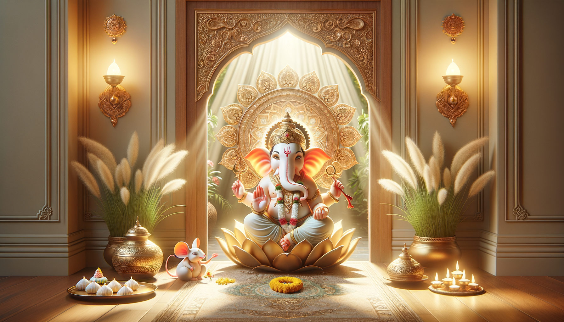Golden-lit home altar with Lord Ganesha idol seated on a lotus, haloed by an ornate arch. Diyas, modaks, brass vessels, and pampas grass flank the shrine, with a small mouse figure and a marigold rangoli on the floor.