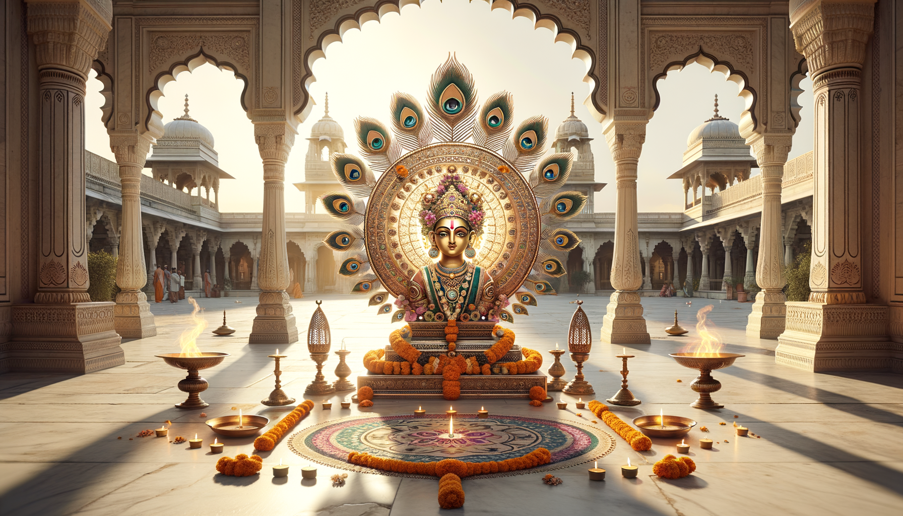 Sunlit temple courtyard with an ornate goddess idol framed by peacock feathers, marigold garlands, oil lamps, and a colorful rangoli mandala; serene devotees and arches in the background.