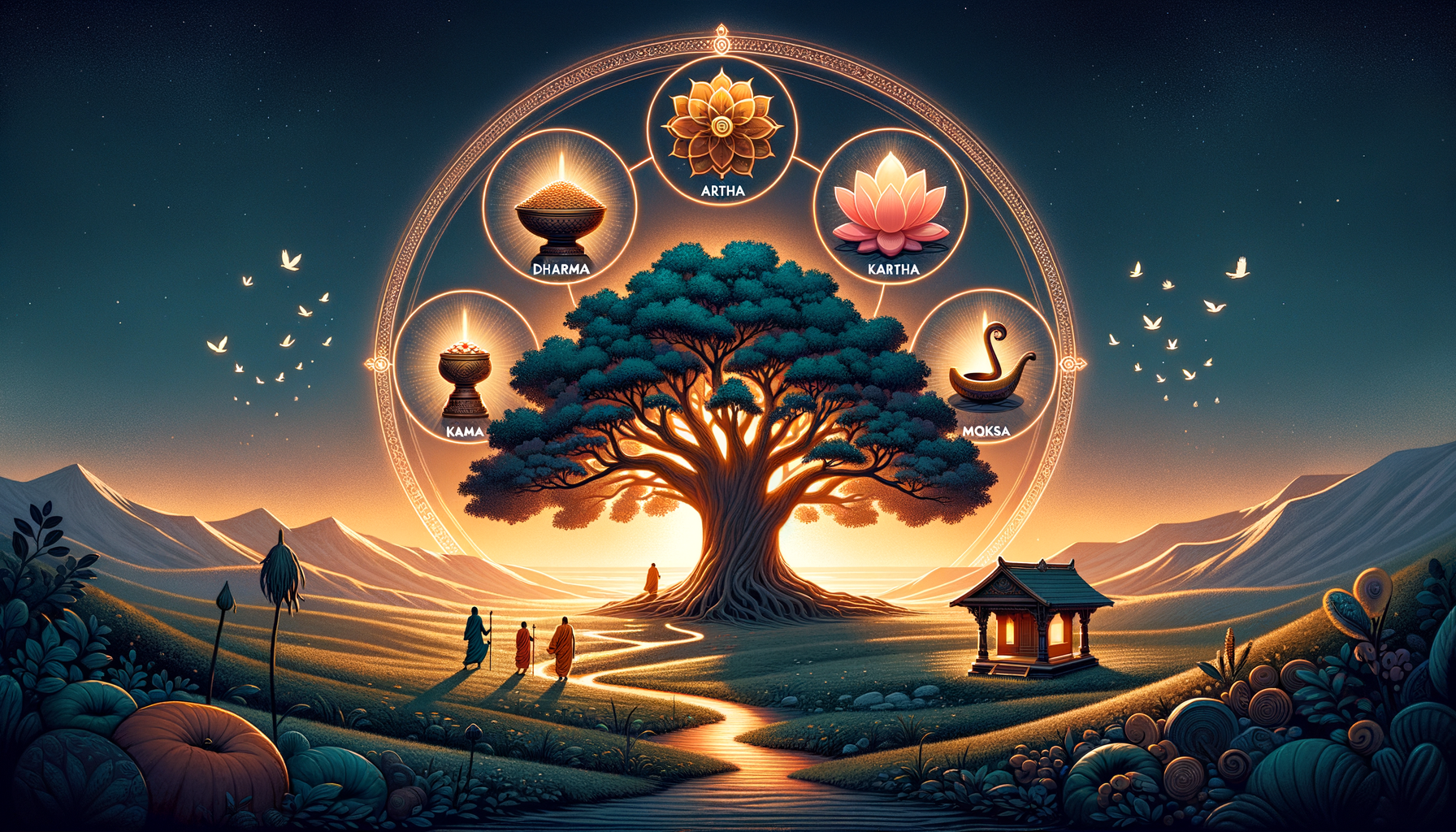 Sunlit sacred tree at dusk, encircled by glowing icons labeled Dharma, Artha, Kama, Moksa, and Kartha. Monks follow a winding path by a stream toward a small shrine, with birds and distant mountains.