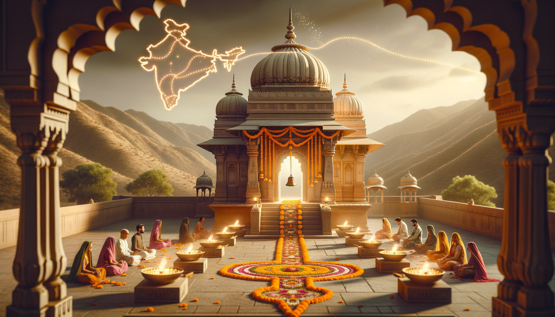 Hilltop Indian temple courtyard at dusk with devotees seated by flaming diyas, marigold garlands, and a vivid rangoli; mountains beyond and a glowing map of India formed by lights in the sky.