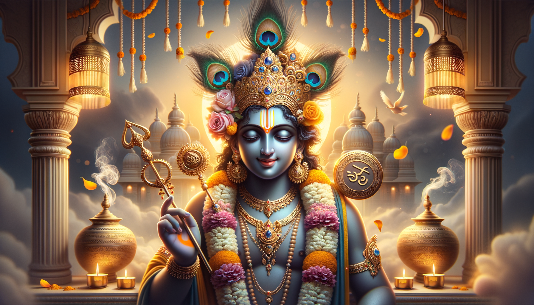 Blue-skinned Hindu deity adorned with a peacock-feather crown, gold jewelry, and flower garlands, holding sacred emblems amid temple arches, oil lamps, incense smoke, marigold strings, and drifting petals.