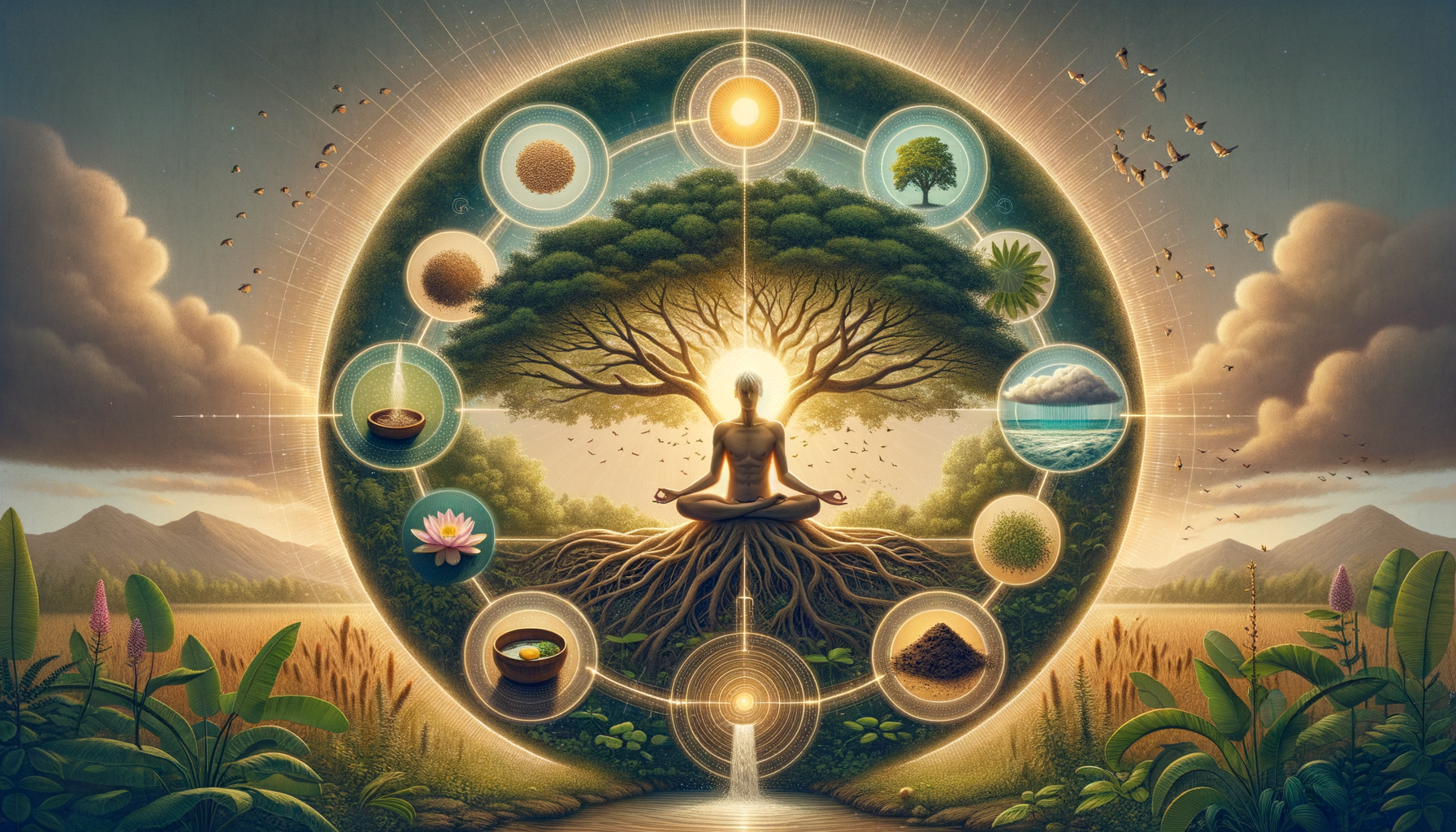 Illustration of a meditating person under a wide tree, encircled by glowing symbols of sun, rain, seeds, soil, bowls, and plants, depicting natural cycles and balance; {post.categories}.