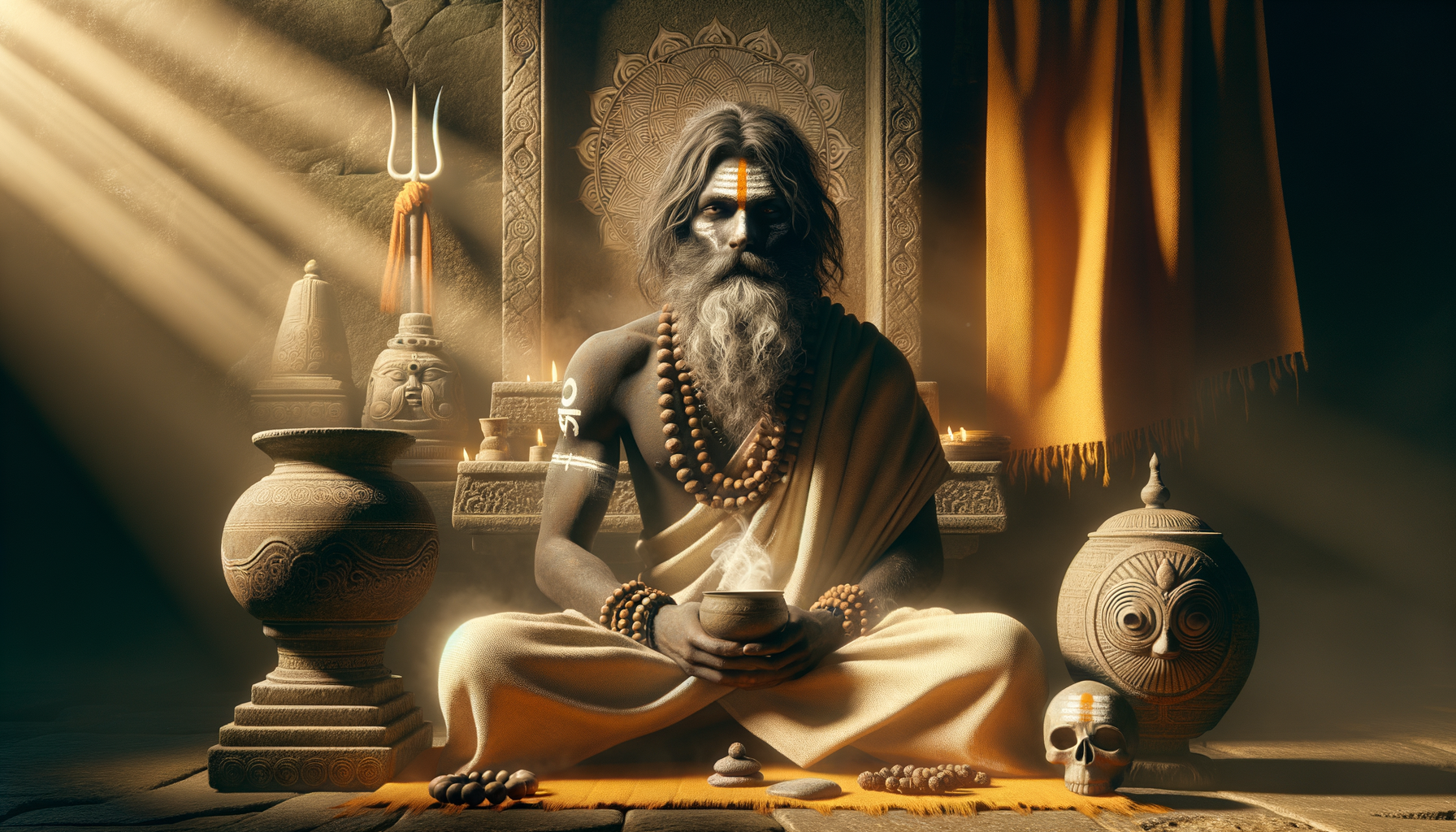 A Hindu sadhu meditates in a stone shrine, seated cross‑legged with rudraksha beads, ash and tilak marks, a smoking clay bowl, trident, oil lamps and carved vessels, evoking ascetic ritual, yoga, tantra and temple spirituality.