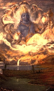 Painting of a blue-skinned, four-armed Hindu deity in glowing clouds, holding lotus, conch, discus, and mace, overlooking a river valley and waterfall under warm, golden, storm-lit skies.