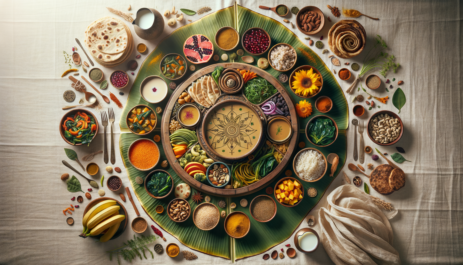 Overhead view of an Ayurvedic thali on banana leaves: bowls of curries, lentils, rice, flatbreads, fruits, nuts, seeds, and spices arranged like a colorful mandala for a plant-based feast.