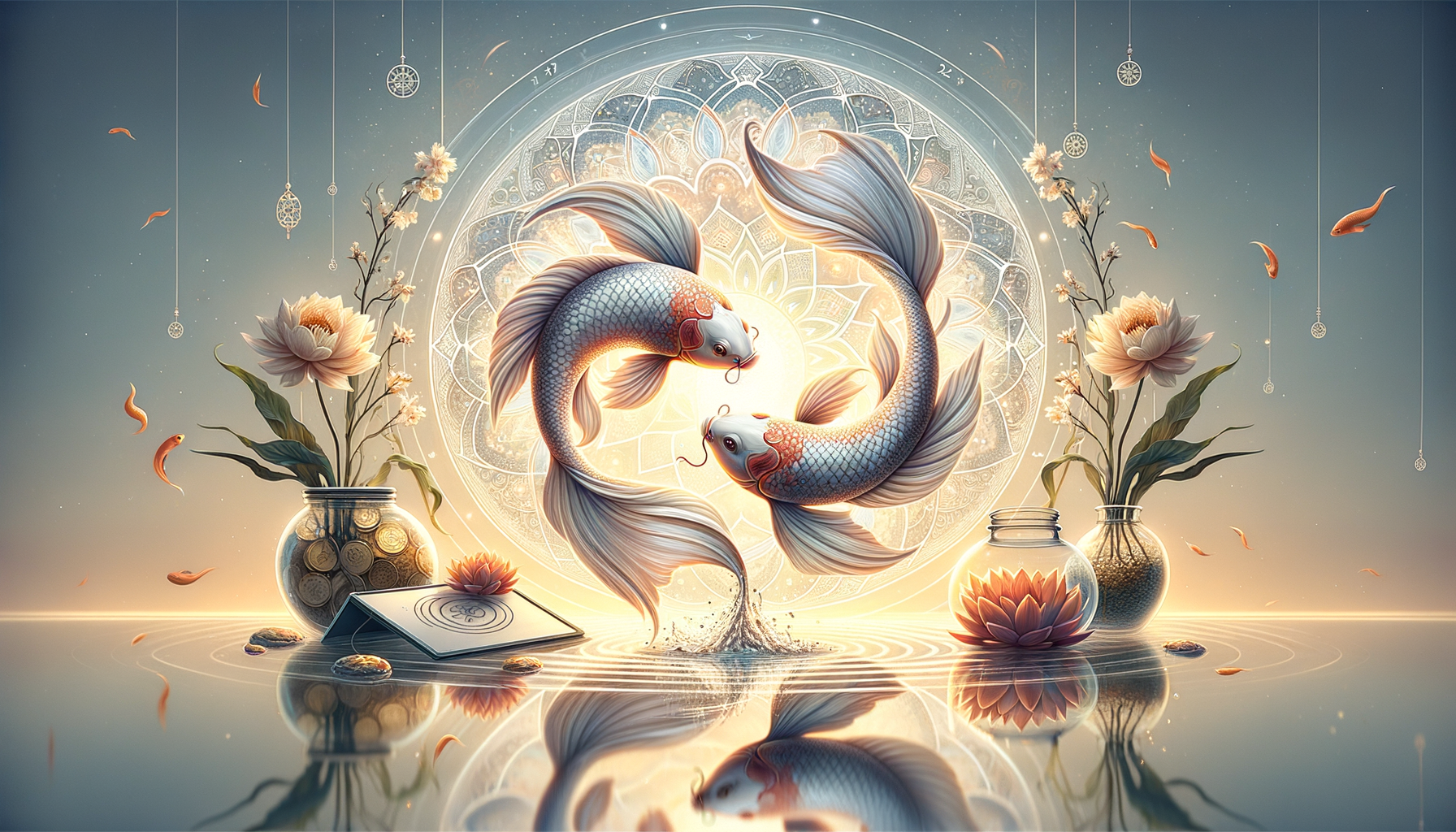 Dreamlike illustration of two silver koi fish circling within a glowing mandala above rippling water, framed by lotus flowers in glass jars, coins, and hanging charms—evoking Pisces, balance, and spirituality.
