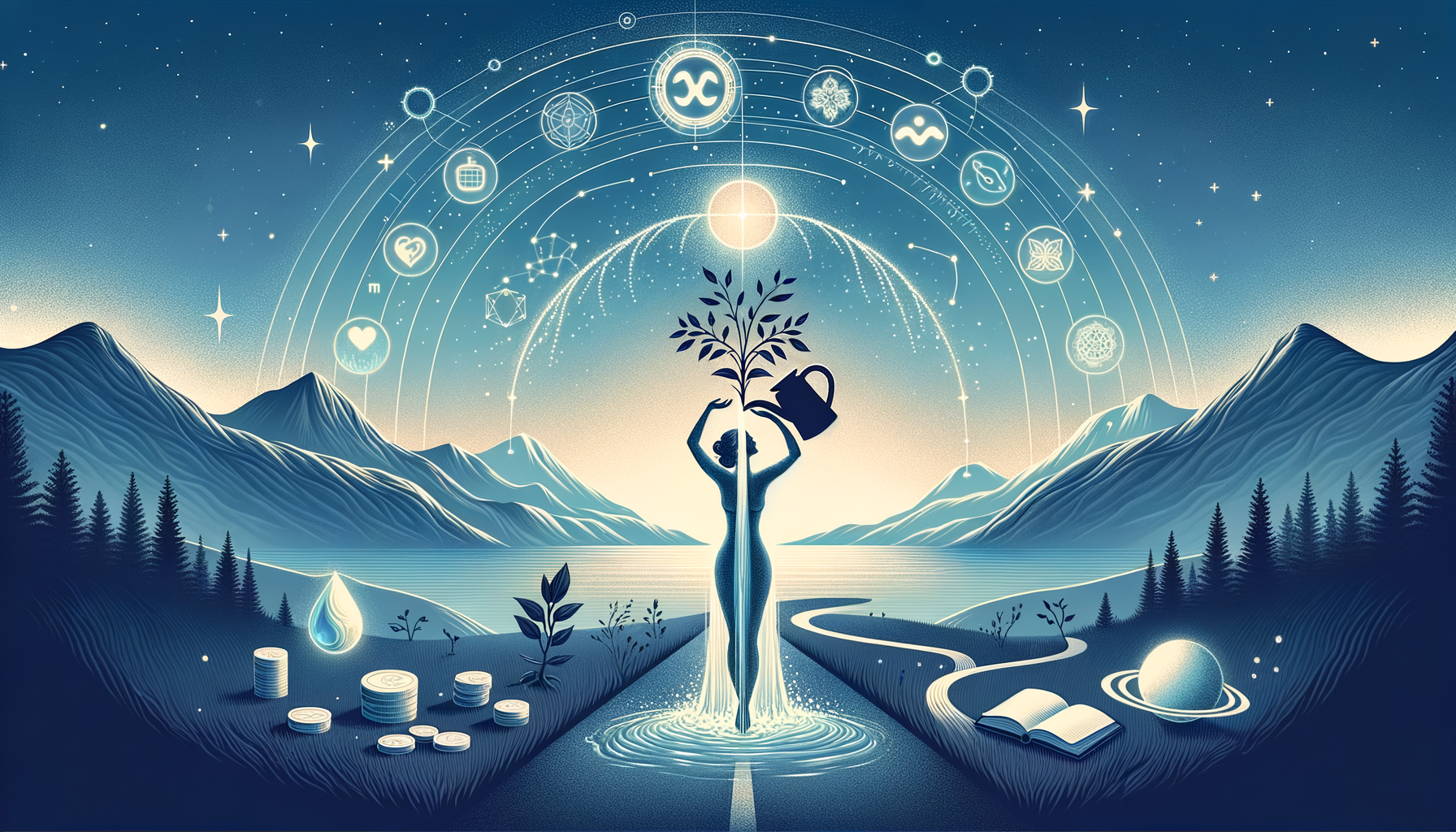 Stylized night landscape with a silhouetted figure merging into a tree beneath a radiant sun and arc of symbols; mountains and a lake frame coins, a water droplet, an open book, and a small ringed planet—evoking wellness and finance.