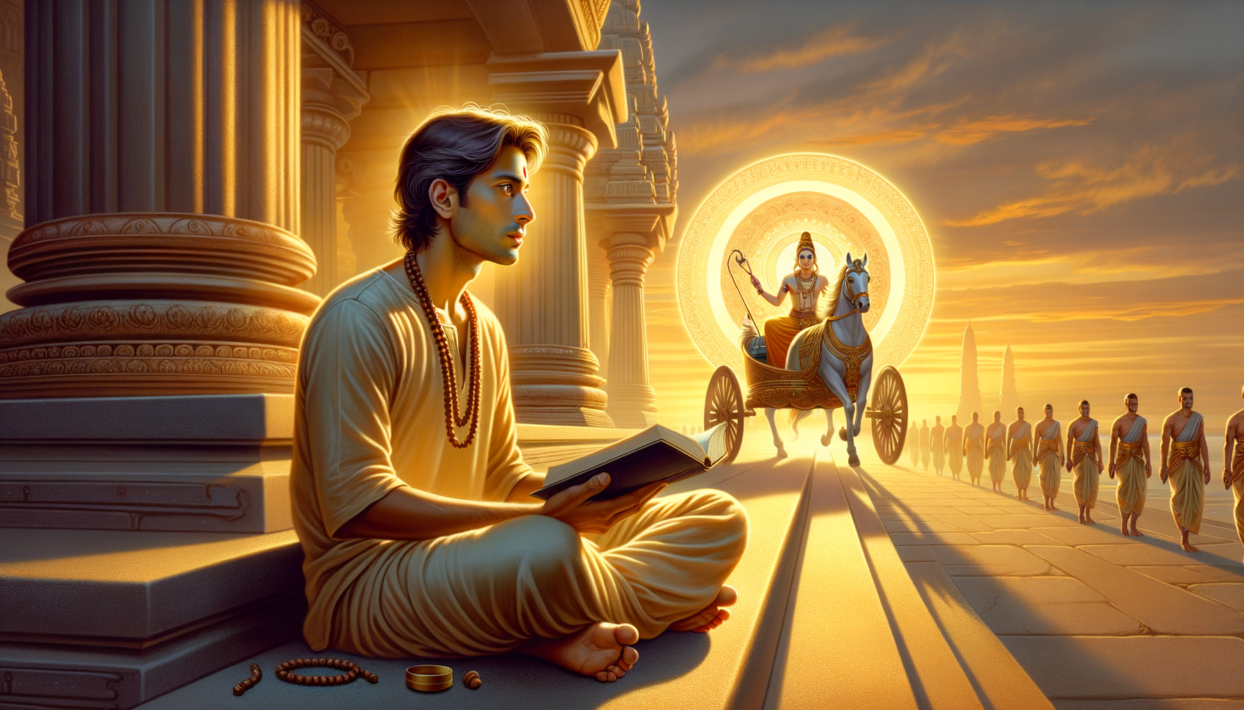 Young reader sits cross-legged on temple steps at sunrise, holding a book, as a radiant chariot with a haloed figure approaches; monks file past and prayer beads rest nearby, evoking the Bhagavad Gita.