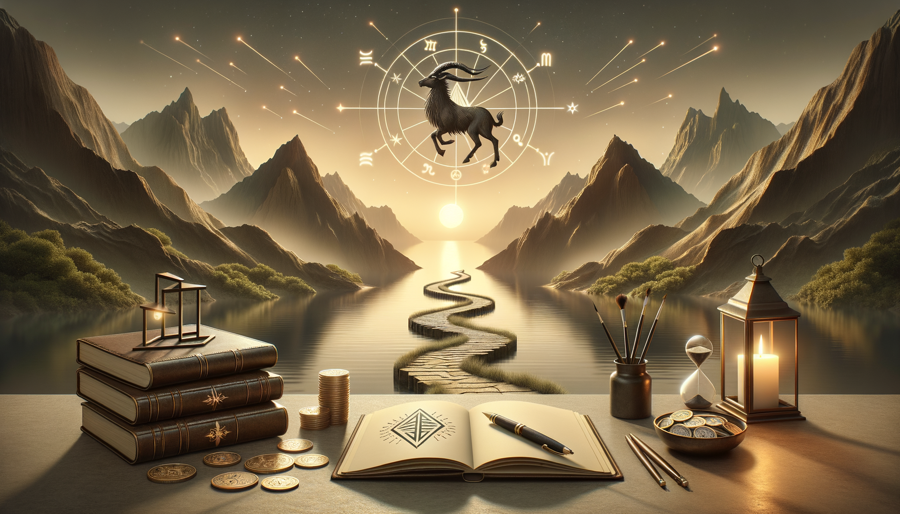 Surreal landscape with zodiac wheel and leaping Capricorn above a sunrise as a winding path crosses water while a desk holds books, coins, journal and candle, symbolizing goals, career and finance.