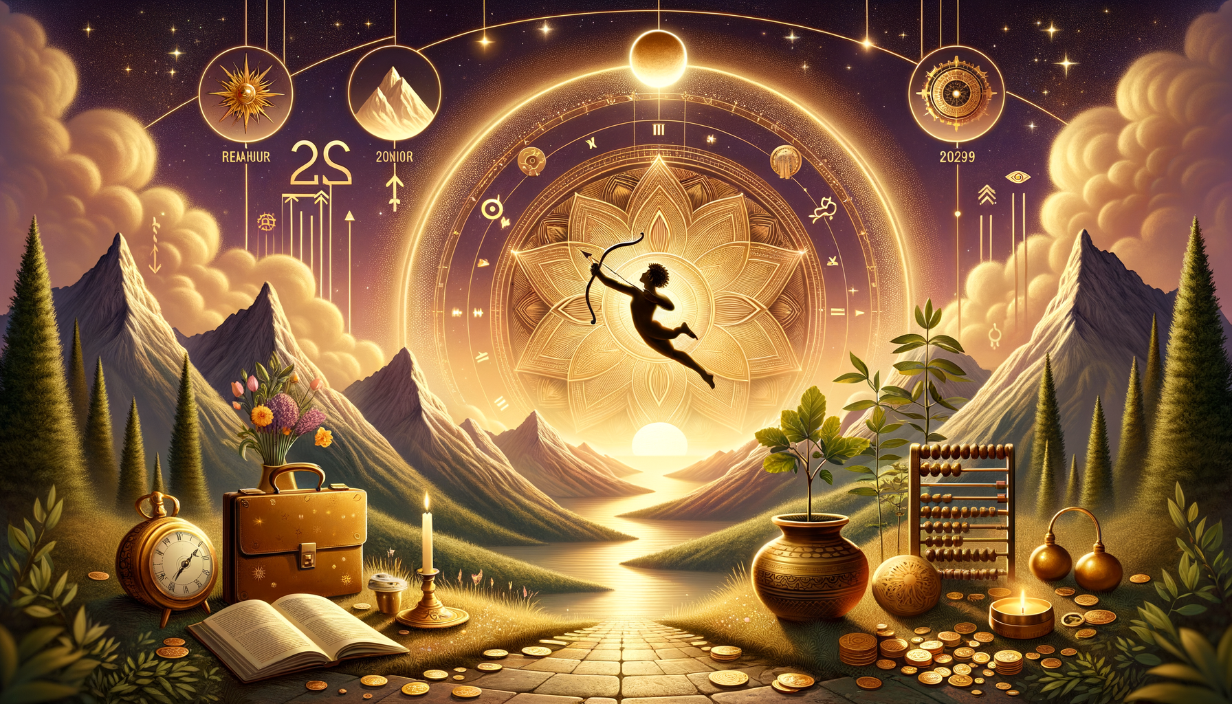 Golden zodiac scene: a Sagittarius archer in a radiant mandala above a sunset river, with mountains, coins, abacus, clock, candle, and briefcase—blending astrology, finance, wealth, and career themes.