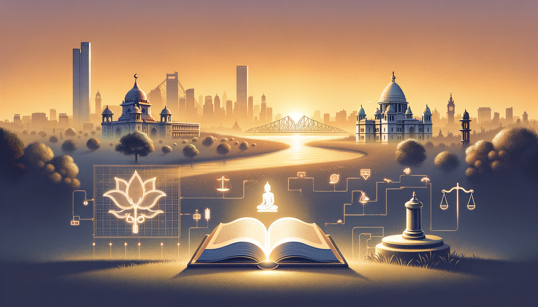 Illustrated sunrise over Kolkata: Howrah Bridge spans a calm river between domed landmarks and skyline; a glowing open book with lotus, Buddha, scales, and circuit icons suggests culture, law, and technology.