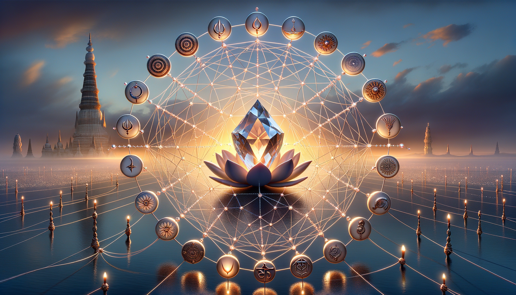 A luminous crystal rising from a white lotus at dawn, encircled by a ring of icons linked by a geometric light web, above calm water lined with candles and distant temple spires.