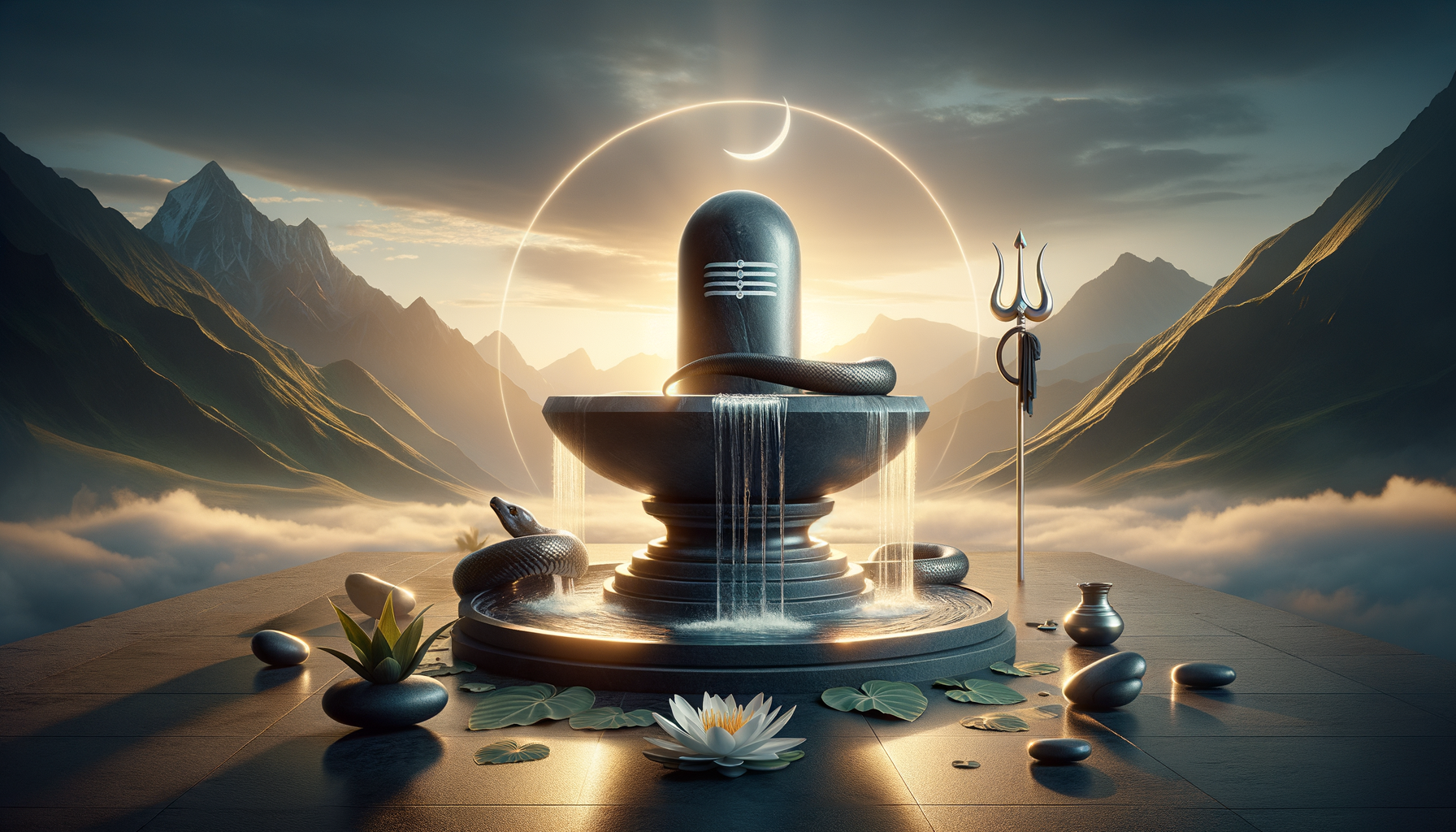 Stone Shiva lingam with flowing water, coiled serpent, trident, and lotus on a terrace above misty Himalayan mountains at sunrise; a crescent halo glows behind the lingam, evoking calm devotion.