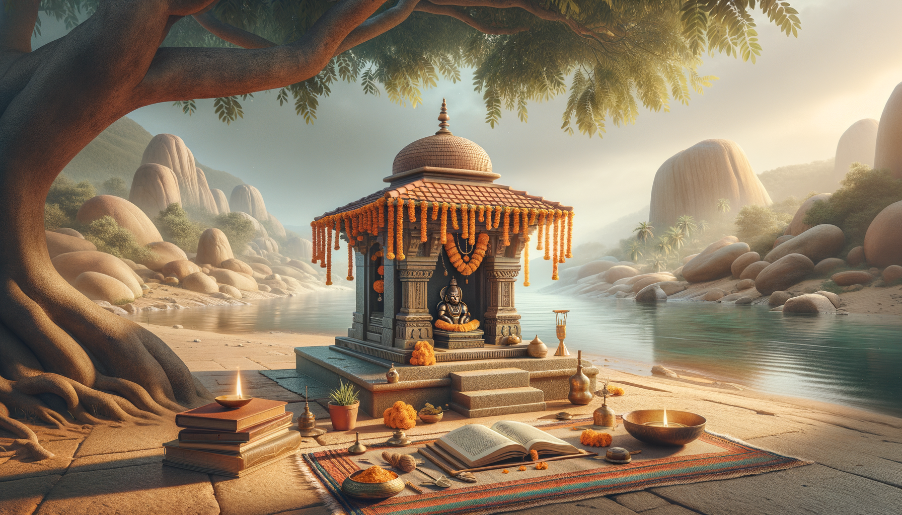 Stone riverside shrine under a wide tree, draped with marigold garlands; brass lamps, bowls, and an open scripture on a mat; calm turquoise river and rounded hills at sunrise.
