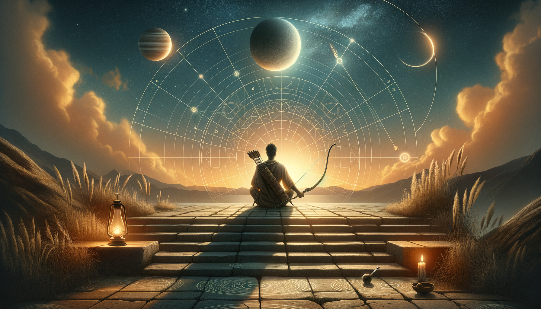 Archer meditating at sunset on stone steps, bow and quiver visible, beneath a luminous star chart with planets, zodiac glyphs, and a crescent moon; lanterns and tall grasses frame a serene astrology scene.