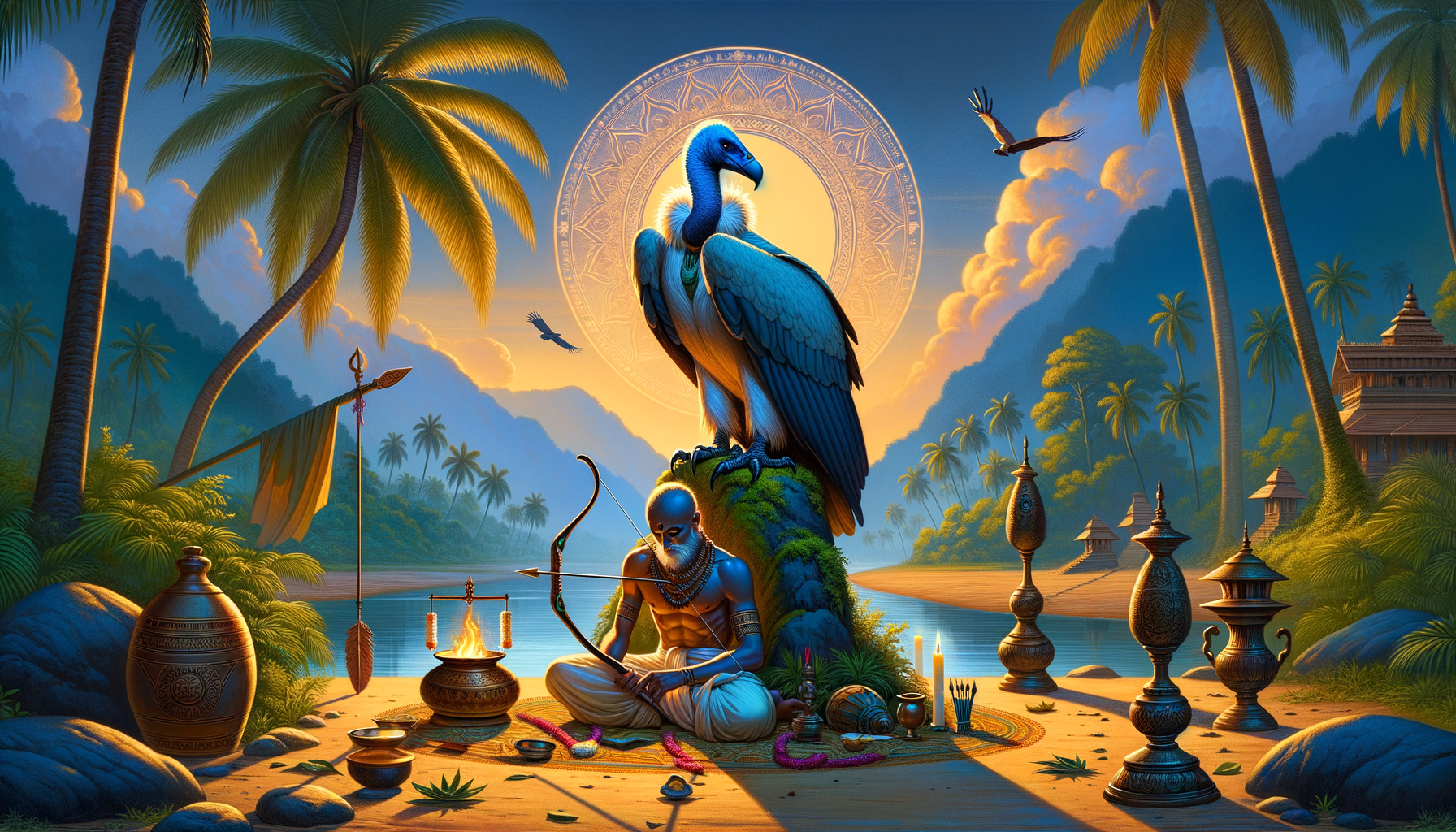 Illustrated ascetic archer meditating by a tropical river at sunrise, a vulture on a mossy rock with a glowing halo, framed by palm trees, ritual fire, ornate vessels, and distant temples.