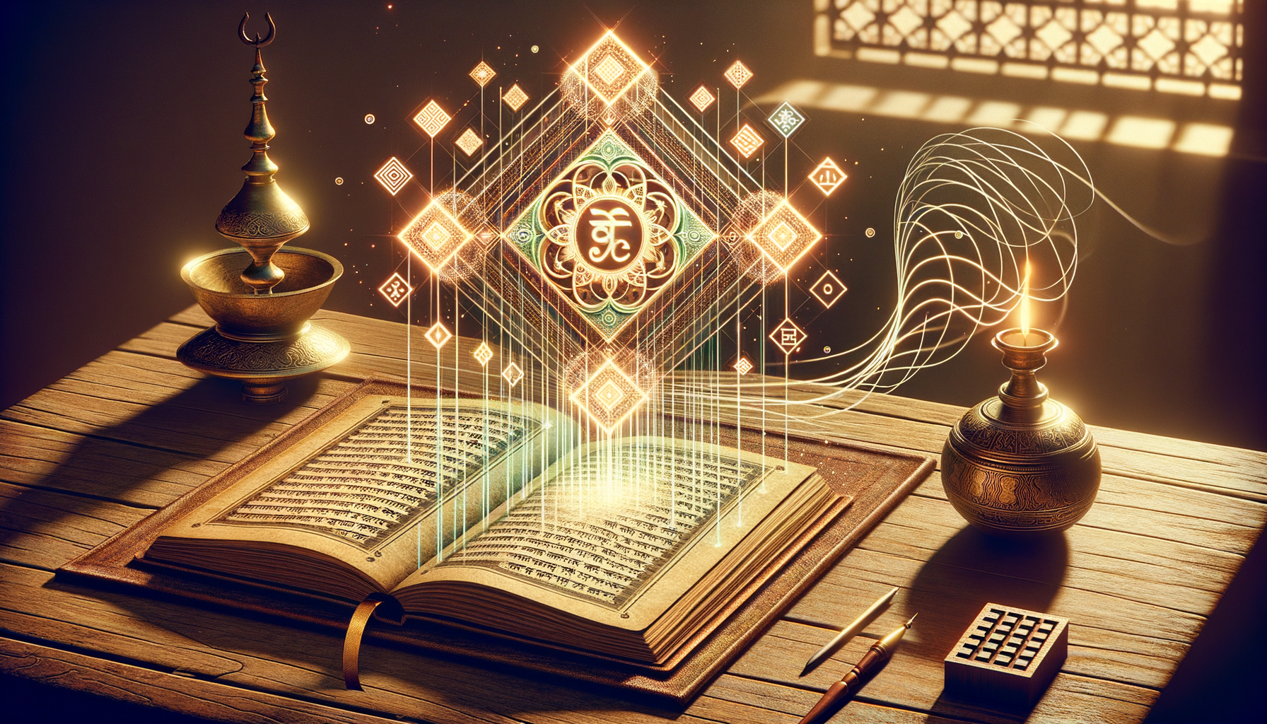 An open manuscript with Arabic script on a wooden desk, glowing geometric motifs rising above, beside ornate brass inkwell and lamp, evoking Islamic art, culture, and heritage.