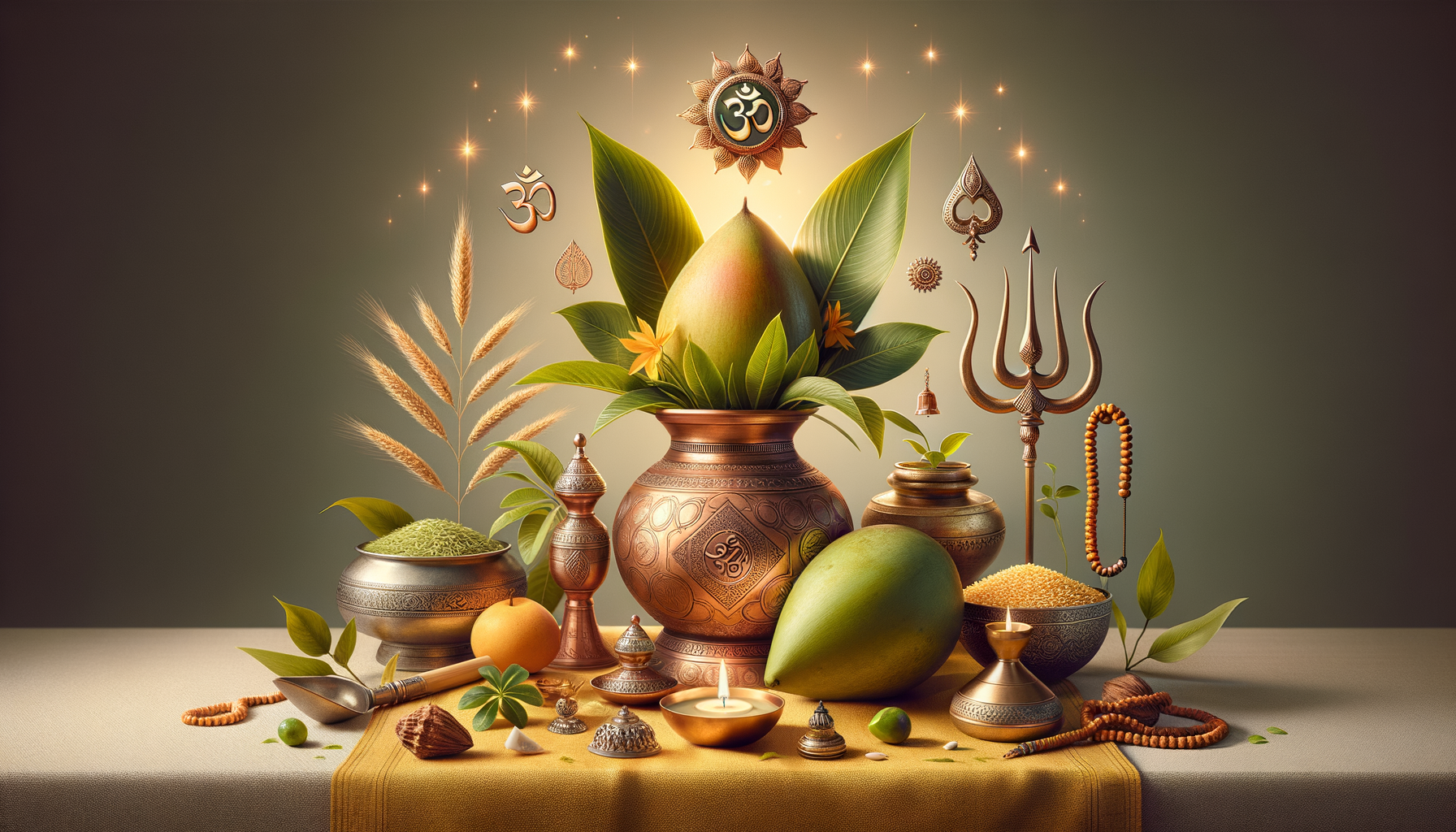 Ornate Hindu puja scene with a copper kalash crowned by mango leaves, glowing diyas, rice and grains, a trident, Om symbols, and prayer beads on a draped cloth under warm festive light.