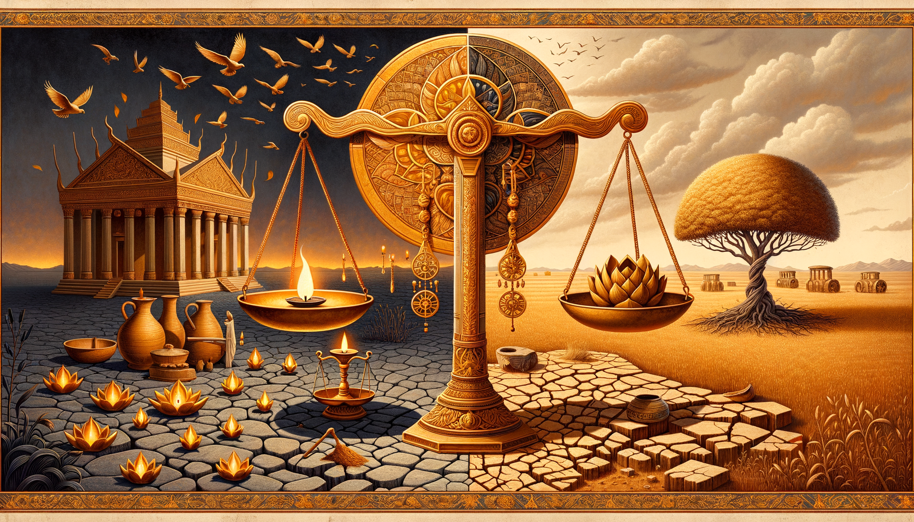 Ornate golden scales divide a surreal landscape: a temple, oil lamps, and circling birds on the left; a lotus, tree, and ripened fields on the right—evoking justice, spirituality, and sustainability.