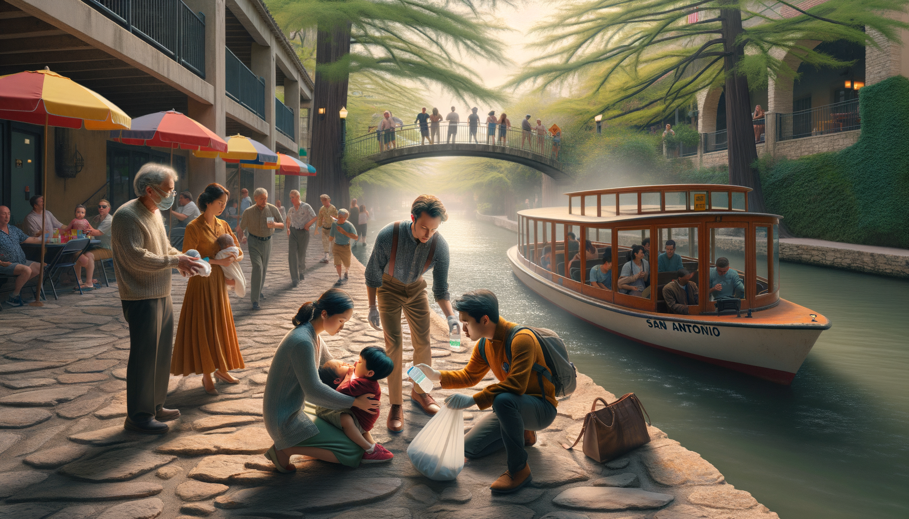 Volunteers aid a child on the San Antonio River Walk beside a passing tour boat, under leafy trees and an arched bridge, as diners sit by colorful umbrellas—mixing community care with urban travel.