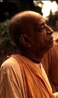 Side-profile of an elderly monk in saffron robes, eyes gently closed, outdoors in warm light; a calm, contemplative scene for an Article on compassion in A.C.B. Swami Prabhupada's teachings.