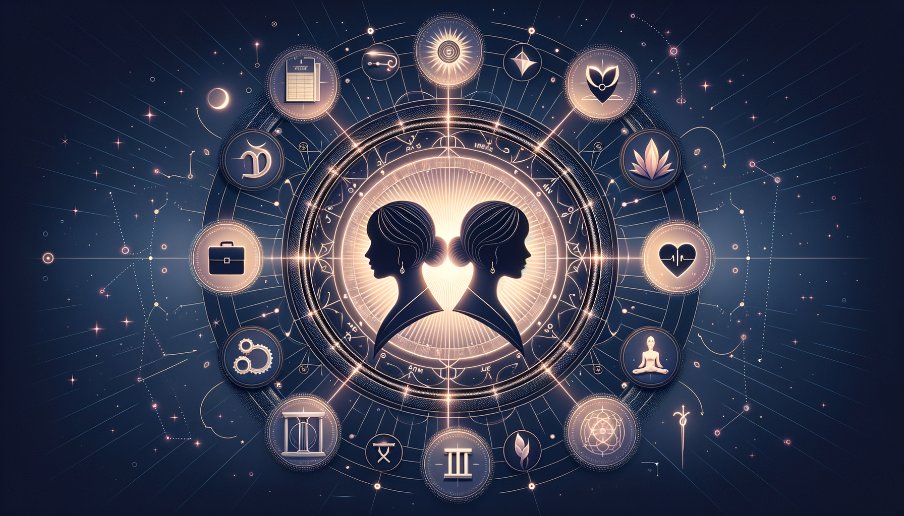 Luminous illustration of the Gemini twins centered in a glowing zodiac wheel, ringed by constellations and icons for career, health, love, meditation, and growth on a starry blue background.