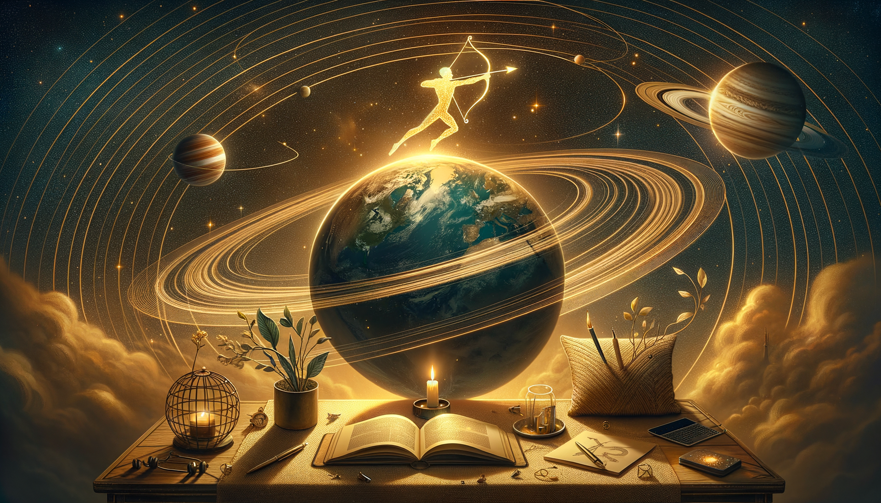 Golden Sagittarius archer constellation above a glowing Earth with orbiting rings and planets, seen from a study desk with candles, an open book, plants, and a zodiac sketch—cosmic astrology scene.