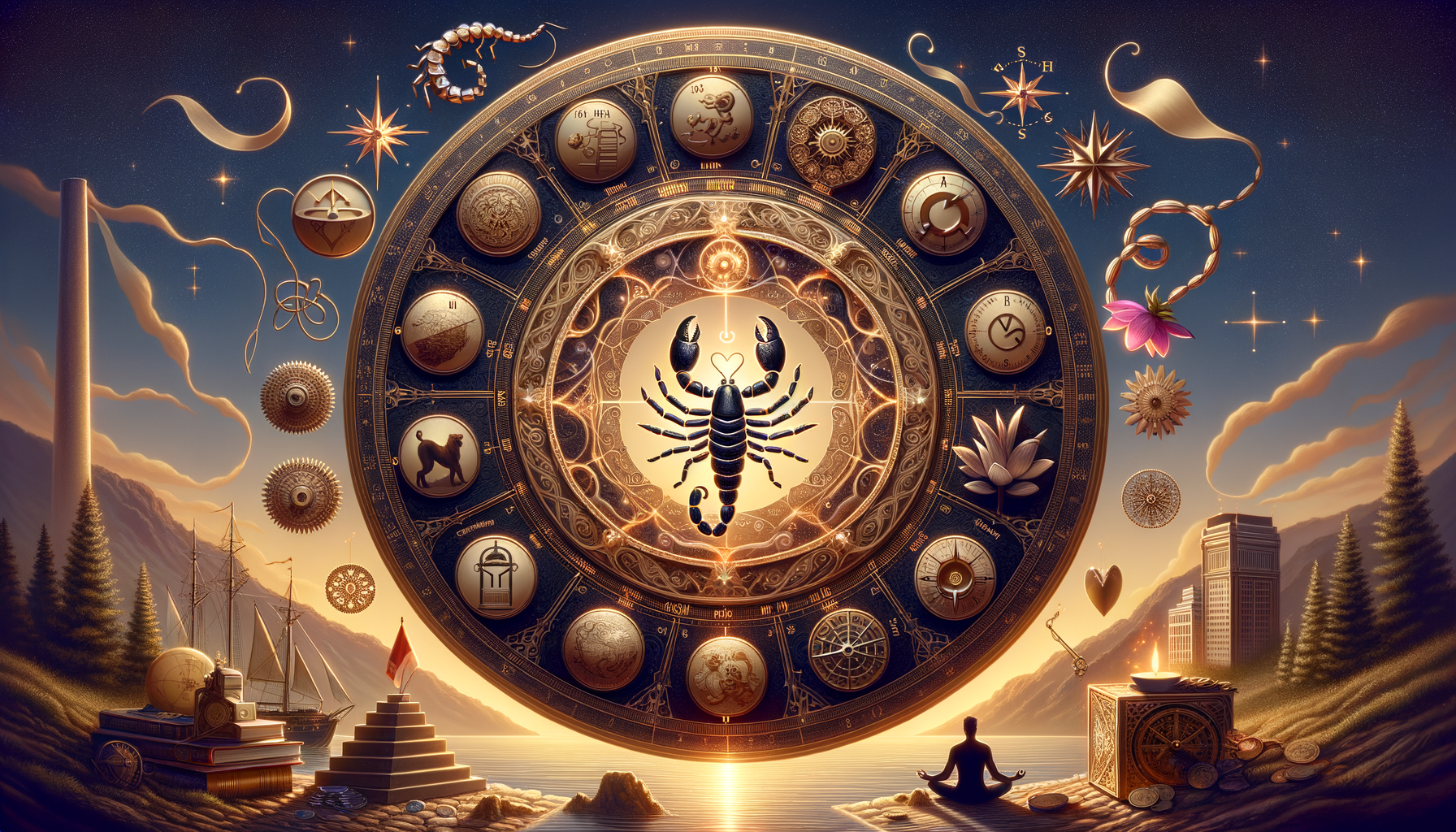 Ornate zodiac wheel with a glowing Scorpio at center, surrounded by astrological symbols, stars, lotus and compass motifs, mountains and a lake at sunset, ships, coins, and a meditating figure.