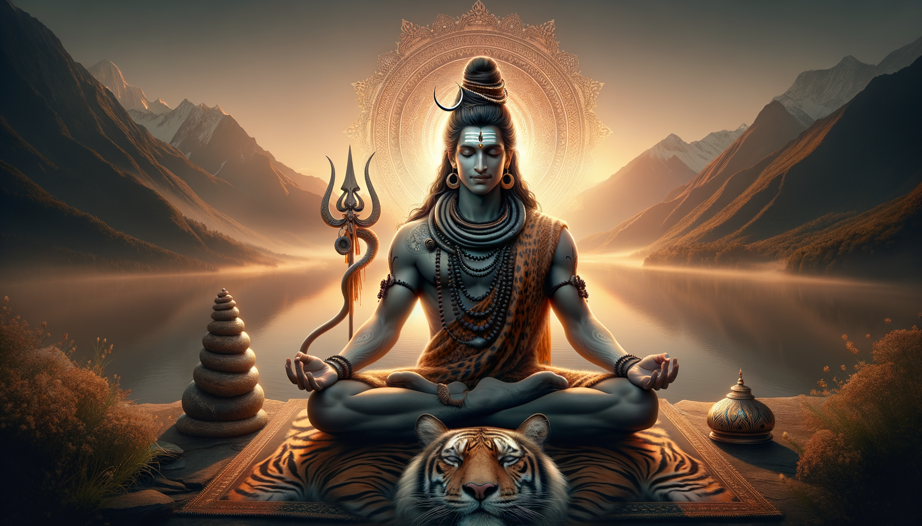 Digital artwork of a serene blue-skinned figure in lotus beside a mountain lake at sunrise, a mandala halo behind, with trident, coiled serpent, crescent moon, and rudraksha beads on a tiger pelt.