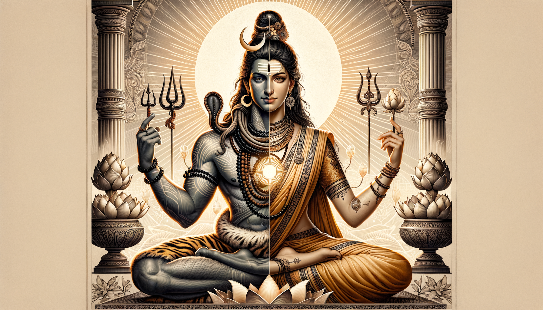 Illustration of Ardhanarishvara, half Shiva and half Parvati, seated in lotus before a radiant halo, holding trident and lotus amid temple pillars and serpents, symbolizing divine union and balance.