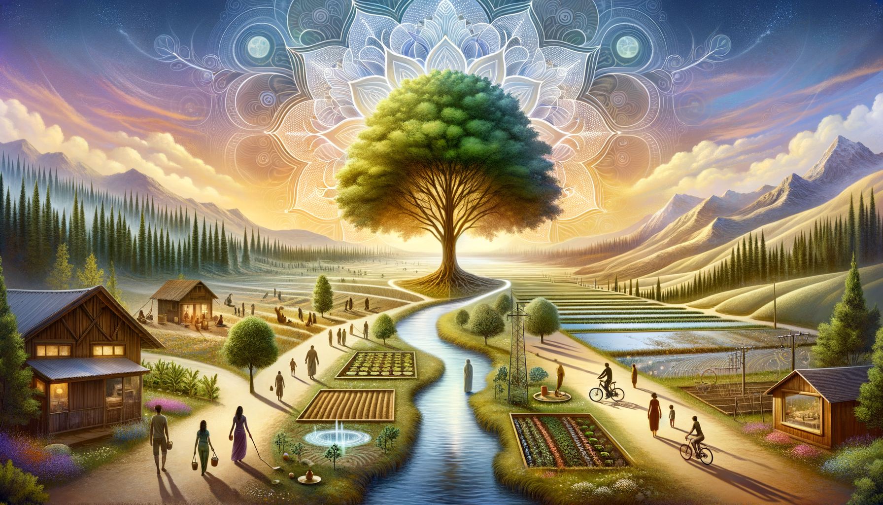 Vibrant illustration of a valley: a large tree crowns a river path, bordered by community gardens, cabins, cyclists and walkers, with terraced fields and mountains—evoking sustainable living, permaculture, {post.categories}.