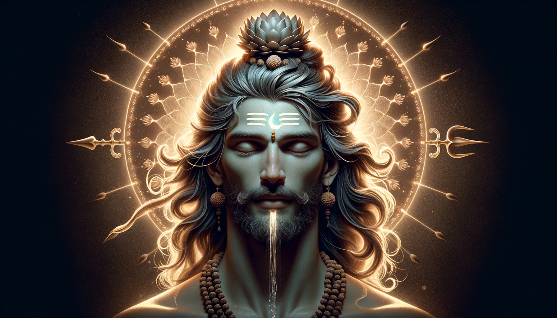 Digital artwork of Lord Shiva in meditation, ash-blue skin, tripundra and crescent mark, lotus halo and tridents, rudraksha beads, and a luminous stream of light flowing downward from his lips.