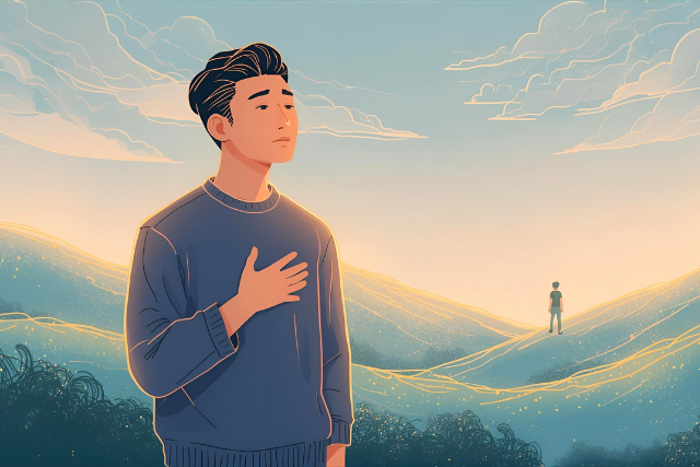 Illustration of a person with hand on chest in golden hills at sunset, another figure afar, evoking kindness, self-respect, and emotional boundaries for healthier relationships.