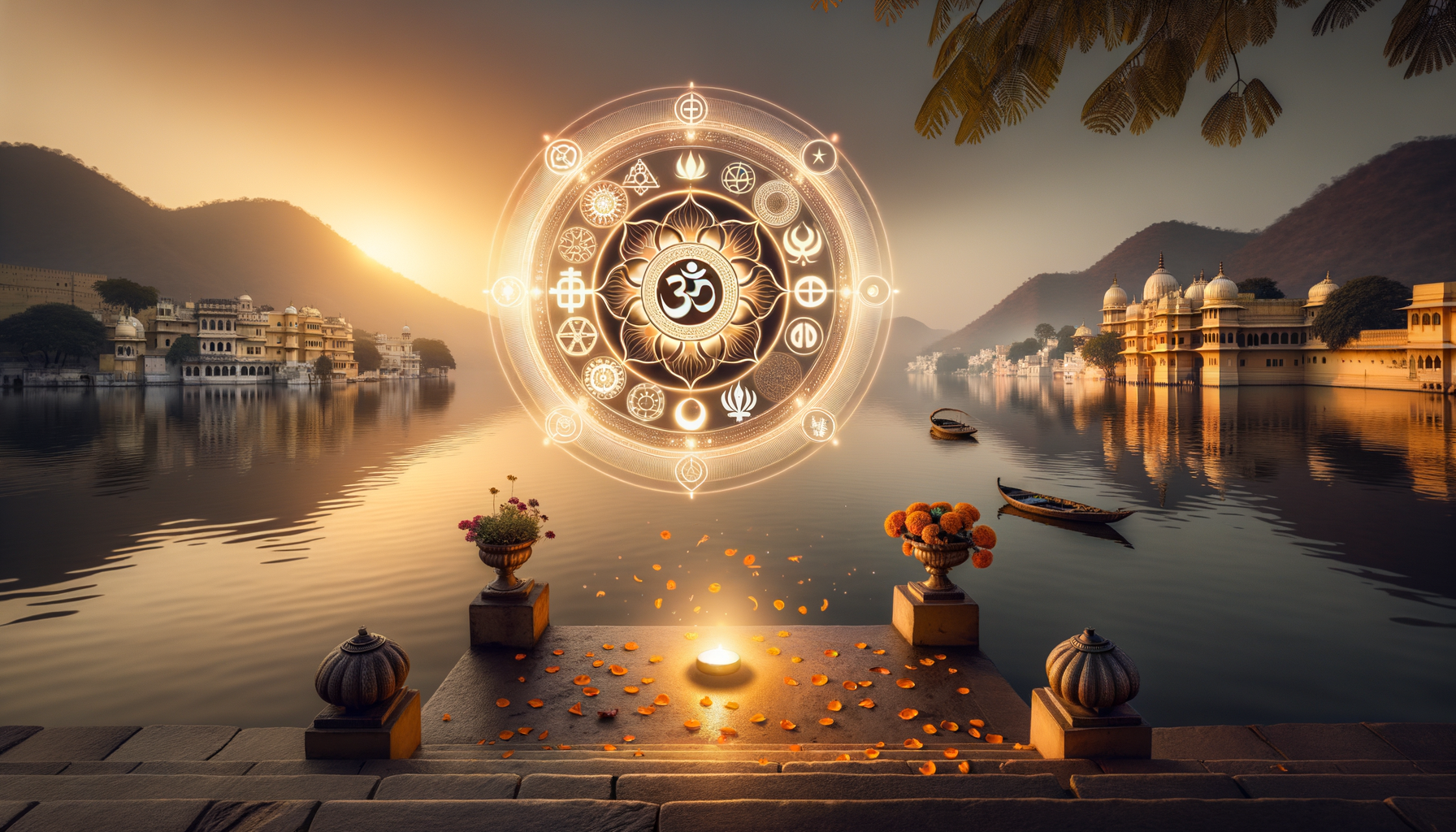 Golden sunrise over a tranquil Indian lake with domed palaces and boats; a lit diya and marigold petals on stone steps, while a luminous mandala with the Om symbol and sacred icons floats above the water.