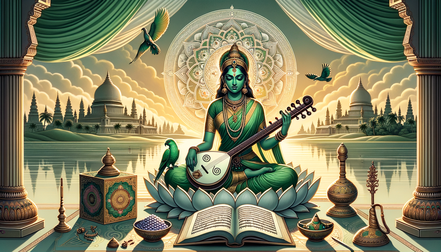 Intricate illustration of the goddess of knowledge seated on a lotus, playing a veena beside an open book, with a glowing mandala, parrots in flight, and temple domes reflected on a serene lake.
