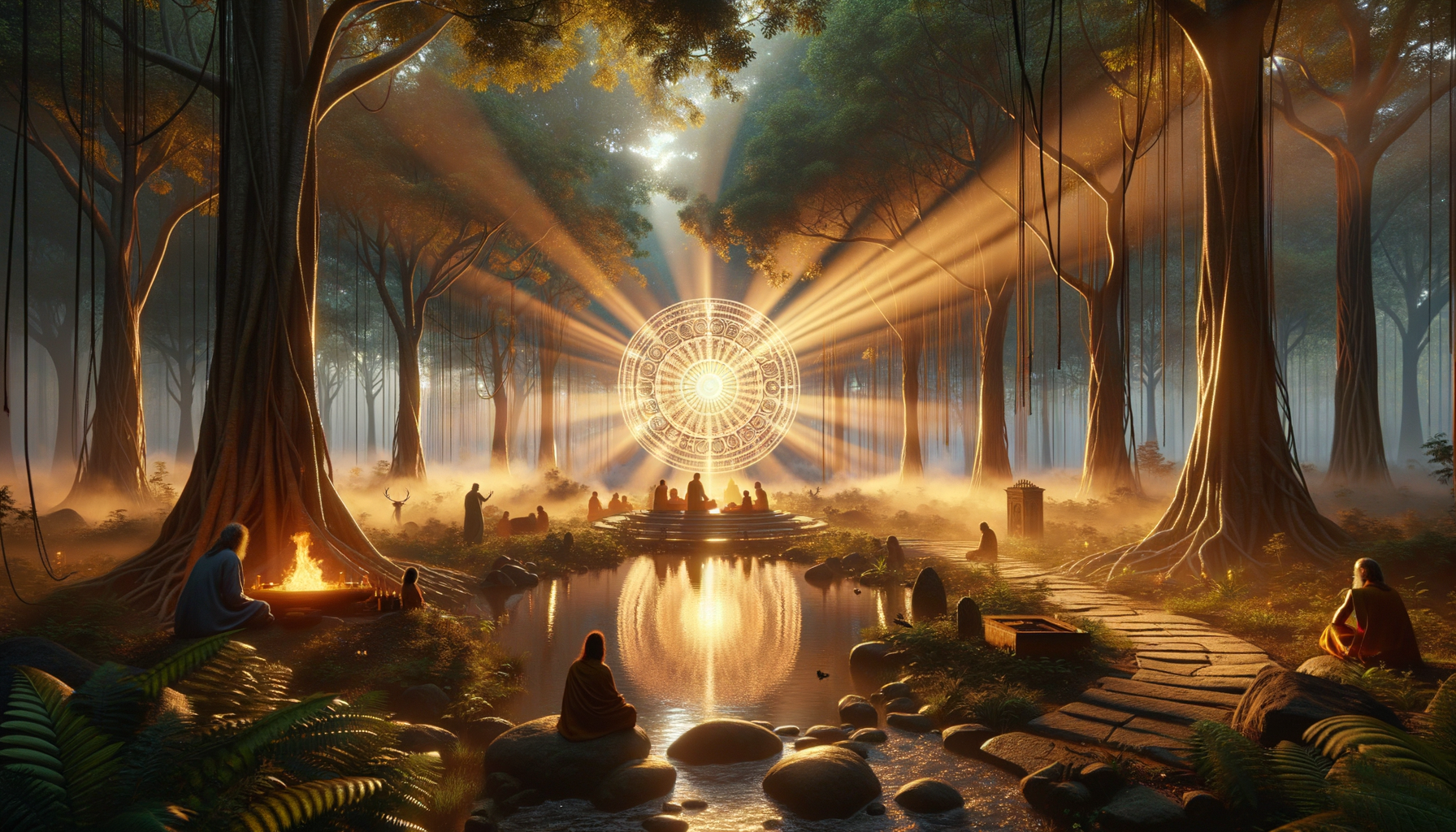 Misty forest with robed figures meditating around a glowing mandala sun; golden rays pierce ancient trees above a clear stream and stone path, with candles and small fires illuminating the grove.