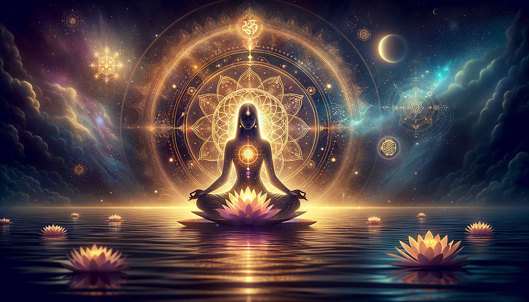 Silhouetted figure meditates on a glowing lotus above calm water; a radiant mandala, chakra lights, moon, and stars fill the cosmic sky, suggesting mindfulness, yoga, spirituality, and inner peace.