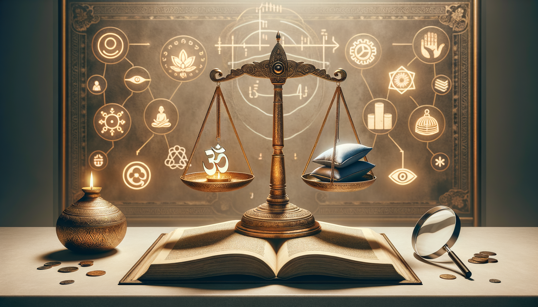 Brass balance scale on an open book, weighing an Om symbol against cushions; coins, a candle, and a magnifying glass sit nearby, while glowing icons hint at ethics, policy, economy, research, and spirituality.