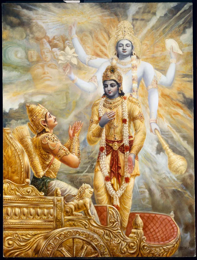 Painting of Arjuna kneeling in a gold chariot as Krishna counsels him; behind, a luminous multi-armed cosmic form rises in clouds, evoking the Bhagavad Gita scene on the Kurukshetra battlefield.