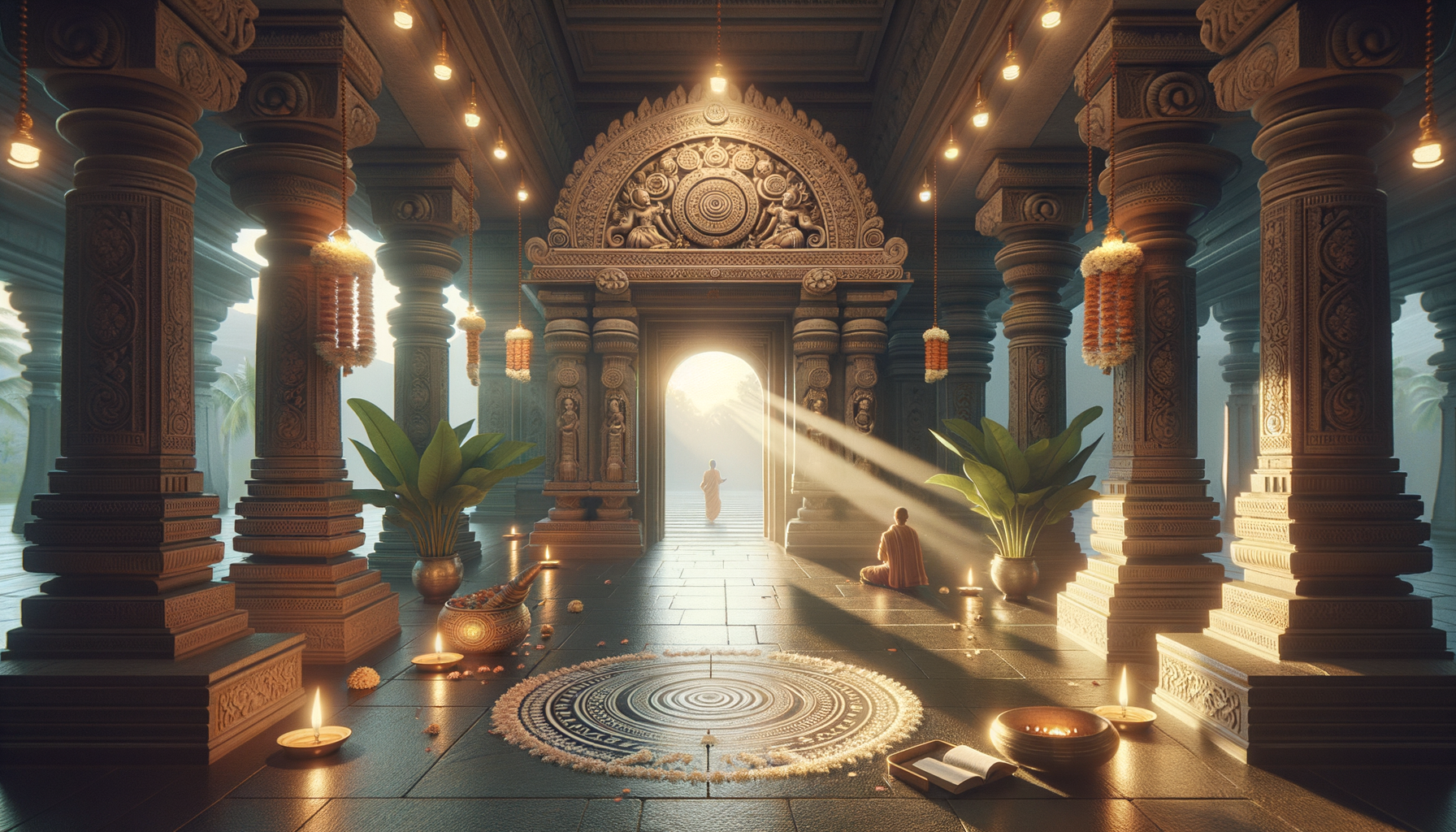 Sunlit temple hall with intricately carved stone pillars, hanging garlands, oil lamps, brass planters, and a circular floor motif; two robed figures by a bright doorway and an open book evoke calm temple architecture and heritage.