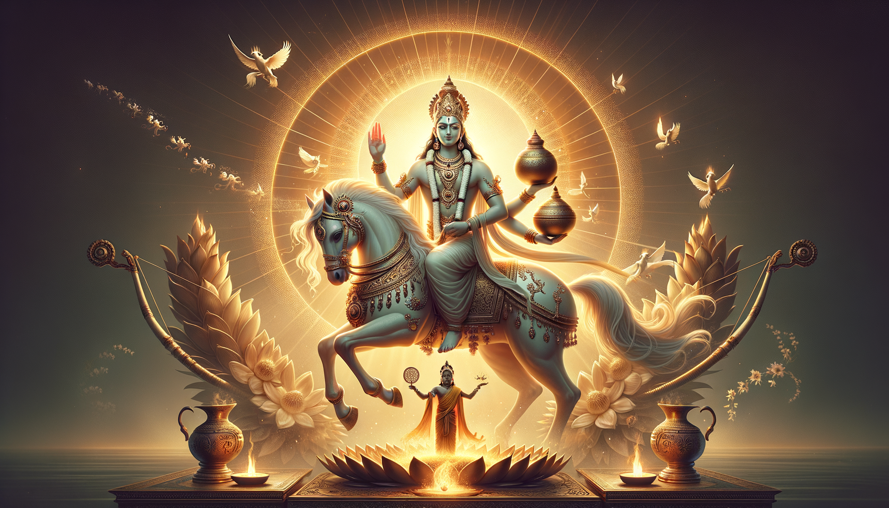 Radiant artwork of a divine rider on a white horse, encircled by golden halos, holding ritual vessels, amid lotus blooms, doves, lamps, and a small robed figure; spiritual art, {post.categories}