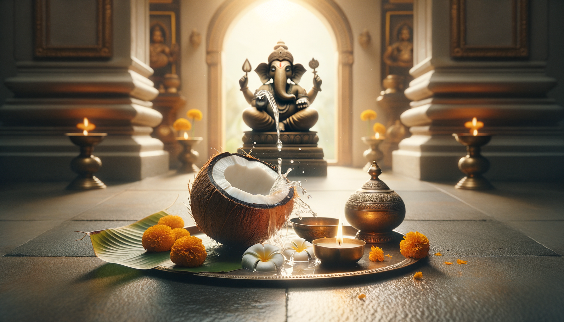 Brass puja tray with cracked coconut, streaming water, marigold flowers, plumeria, and a lit diya before a blurred Ganesha idol in a sunlit temple, framed by oil lamps and carved pillars.