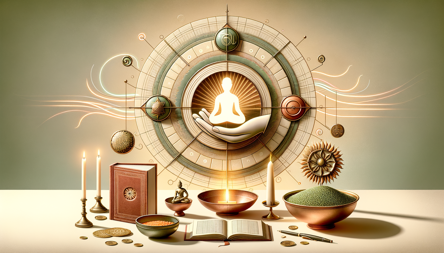 Serene wellness altar illustration with candles, books, bowls of grains, and a small statue before a radiant mandala where a hand cradles a glowing meditating figure; mindfulness, meditation, spirituality.