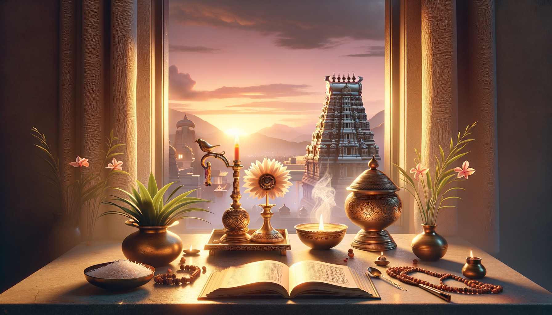 Home altar with brass oil lamps, incense, open scripture, prayer beads, flowers, and ornate vessels on a windowsill at sunrise, overlooking a South Indian Hindu temple gopuram and distant mountains.